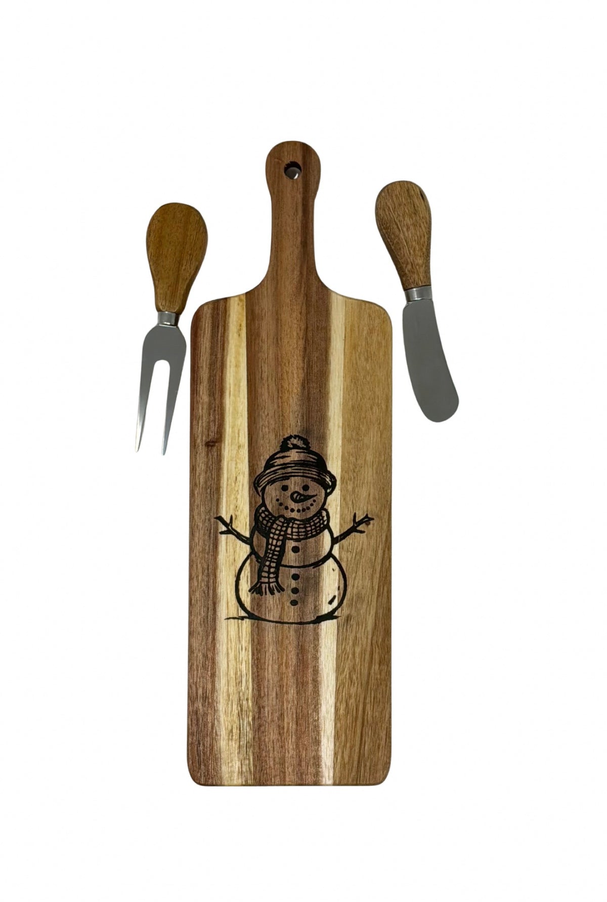 Snowman long cheese board with wood-handled cheese fork and spreader