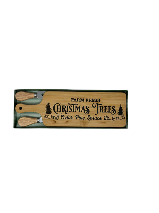Farm Fresh Christmas Trees long cheese board with wood-handled cheese fork and spreader in a green striped gift box
