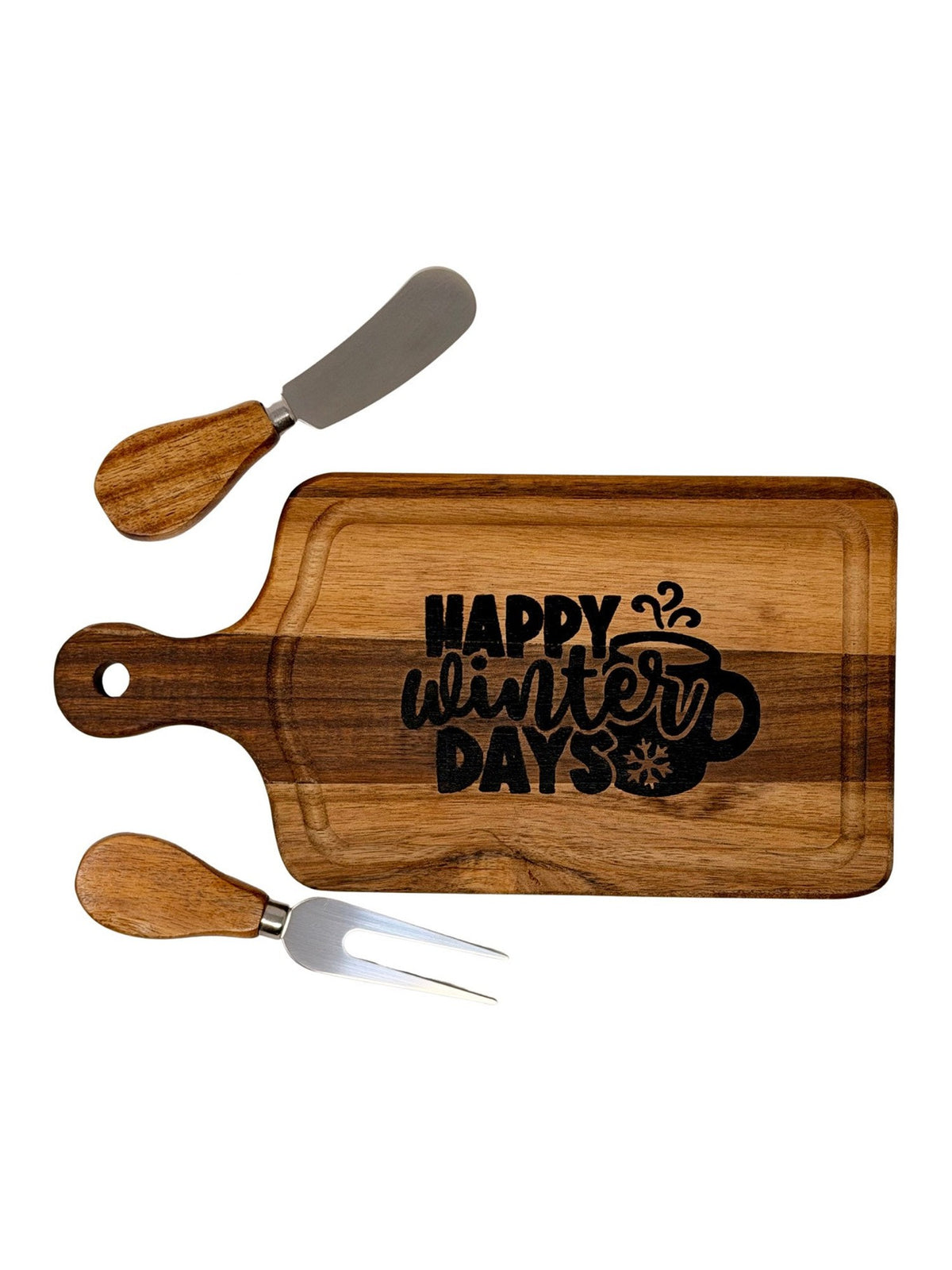 Happy Winter Days cheese board with wood-handled cheese knife and two-tine fork
