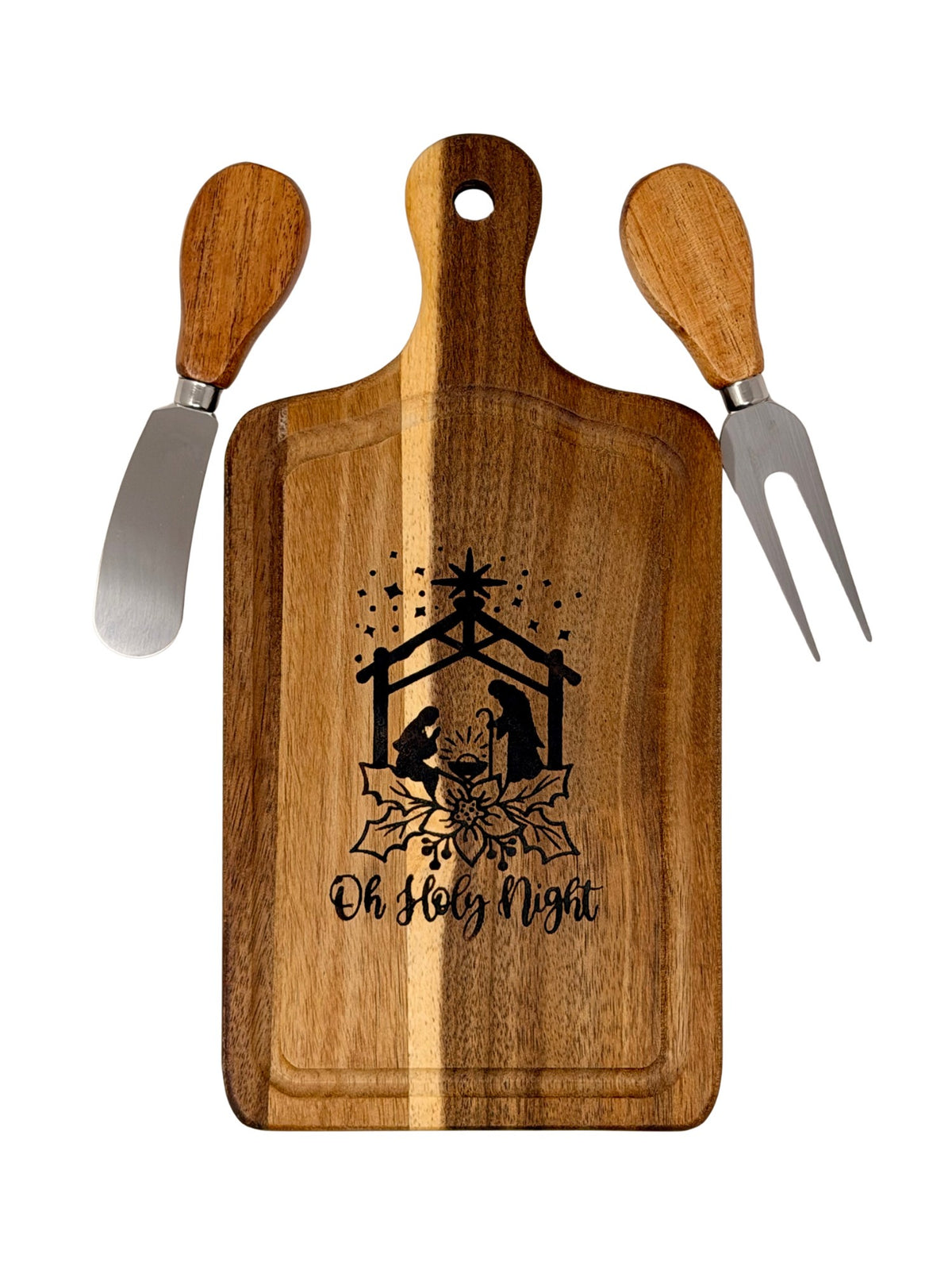 Oh Holy Night cheeseboard with wood-handled cheese knife and two-tine fork