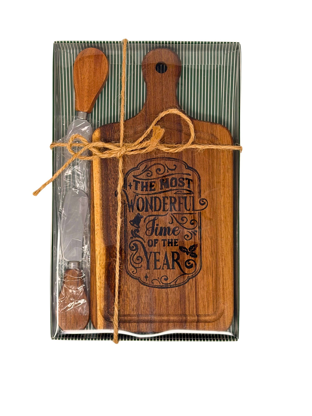 Most Wonderful Time of the Year cheese board gift set tied with twine, ready to give