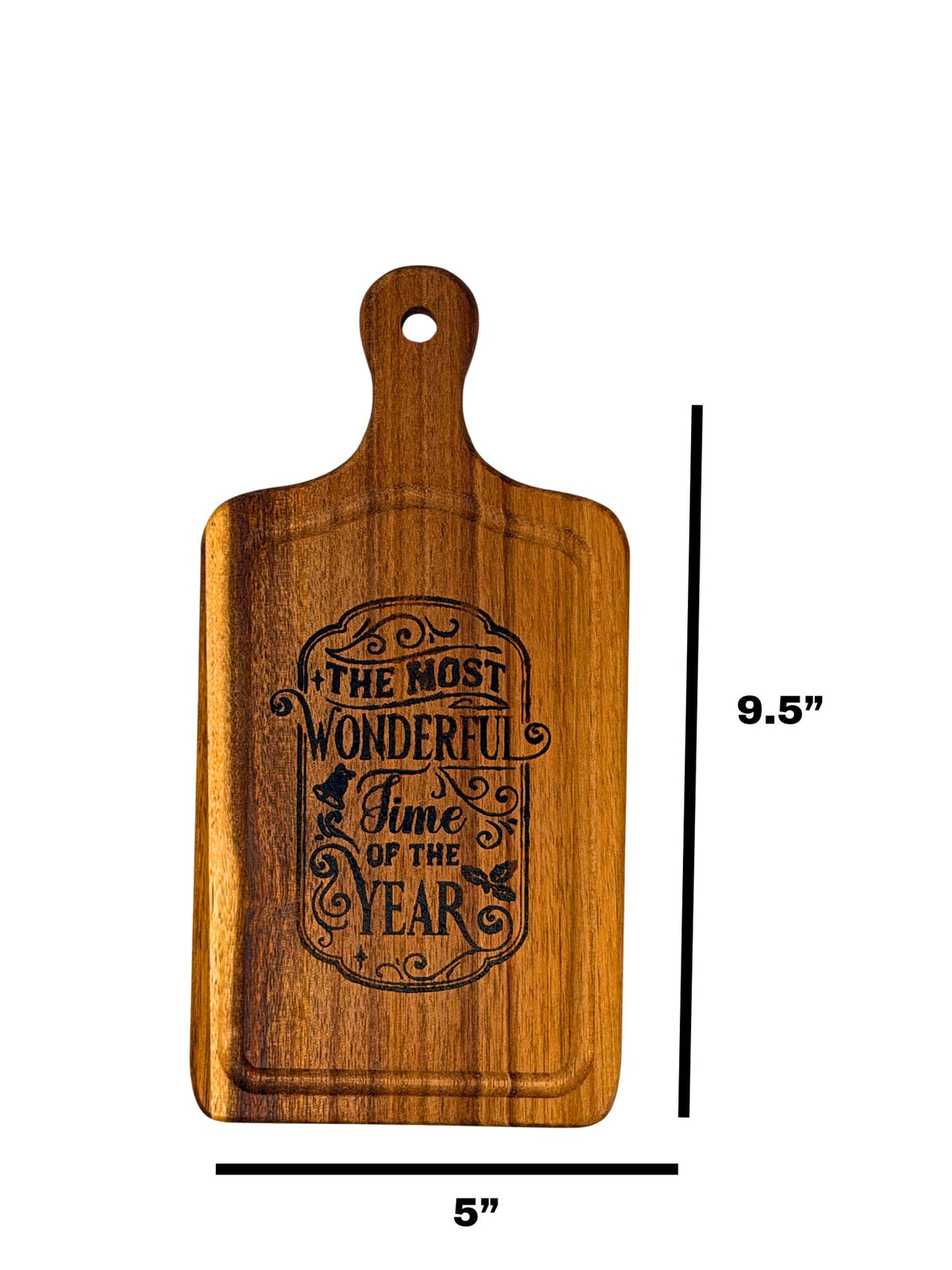 Most Wonderful Time of the Year cheese board measuring 9.5 inches tall by 5 inches wide