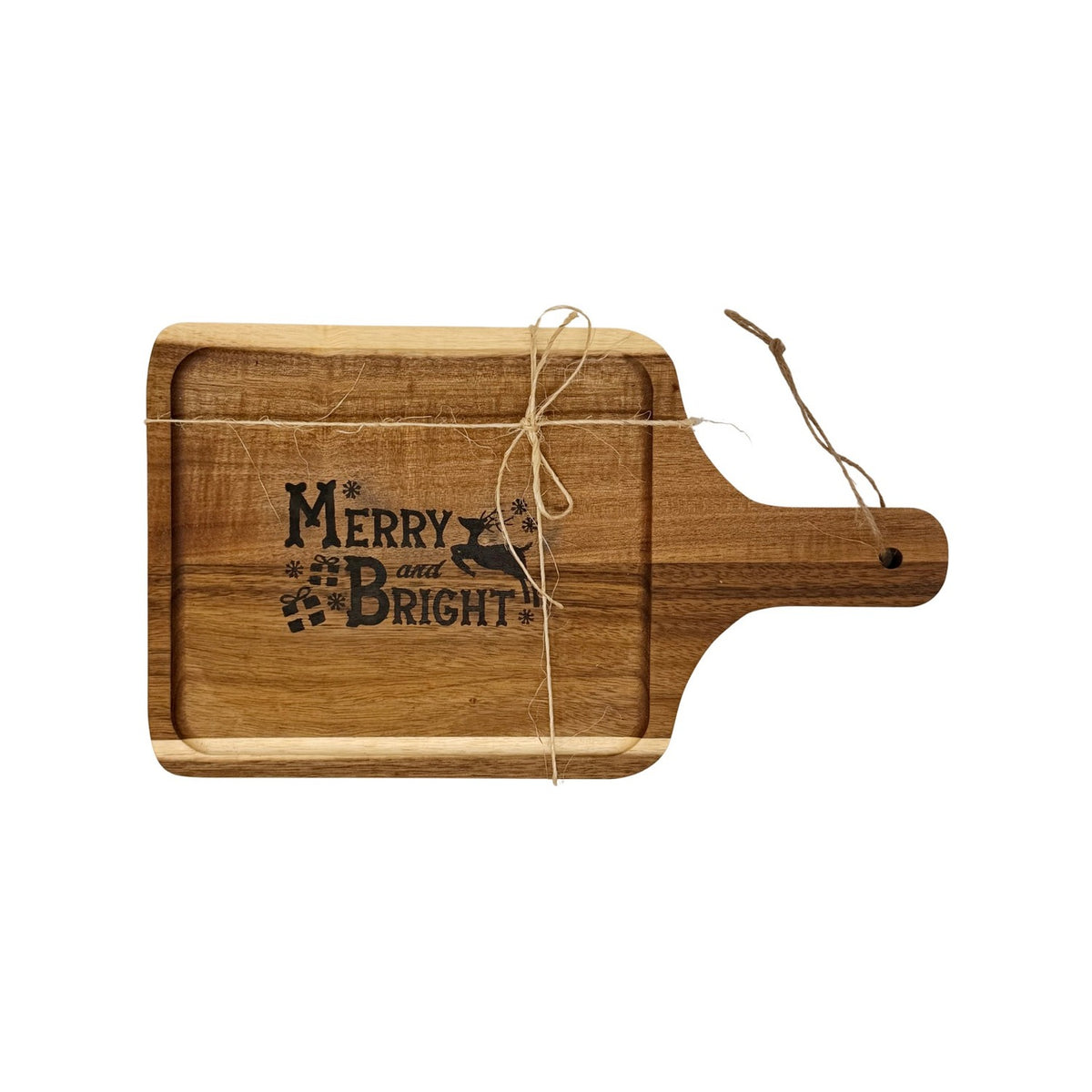 Merry and Bright cutting board tied with twine