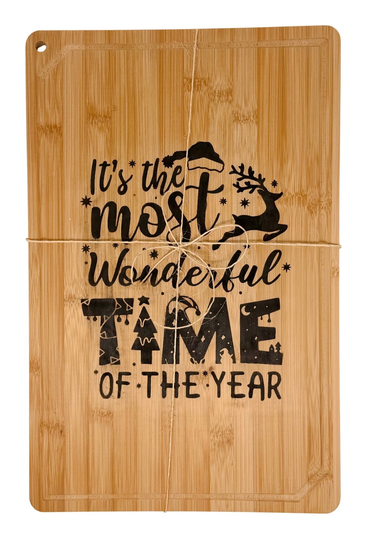 Large Wonderful Time cutting board tied with twine